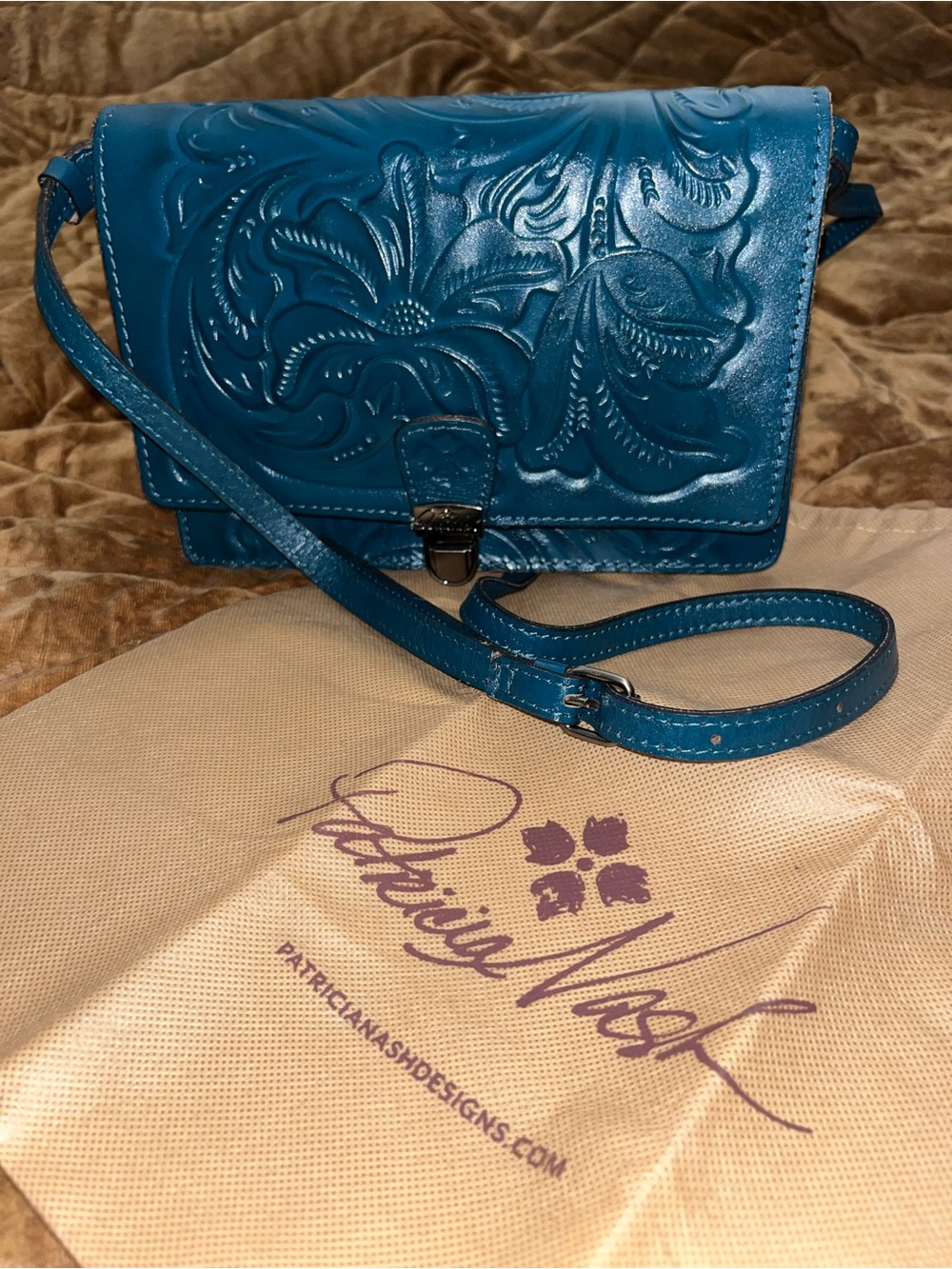 Patricia Nash Teal Embossed Leather Crossbody with Floral Detail